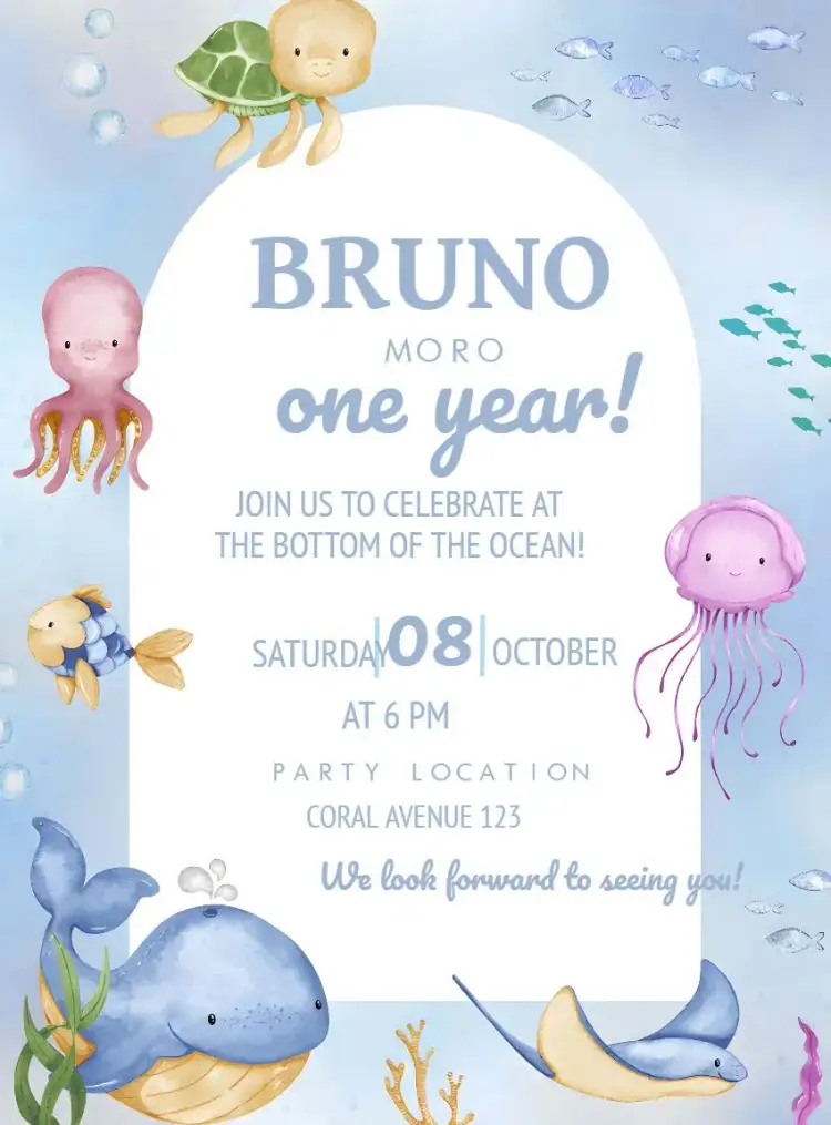 Invitation Underwater Watercolor Fish – Kids' Birthday Party theme watercolor, navy blue, colorful, themed, fun, childlike