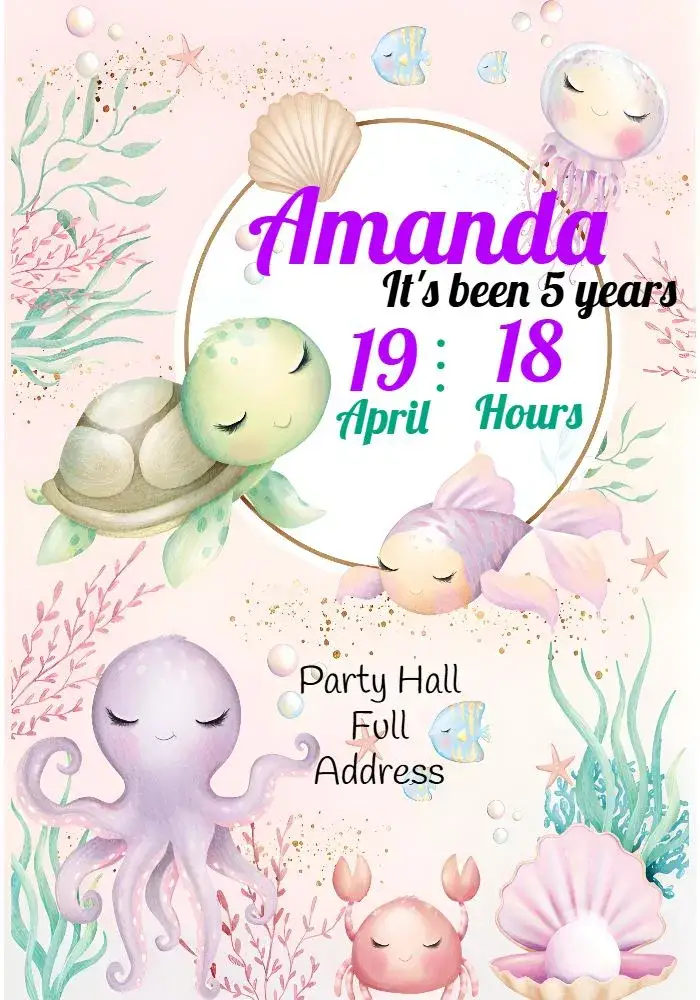 Invitation Under the Sea Shell – Kids' Birthday Party theme marine theme, pastel colors, graphic elements of shells, playful style, vibrant design, childhood inspiration