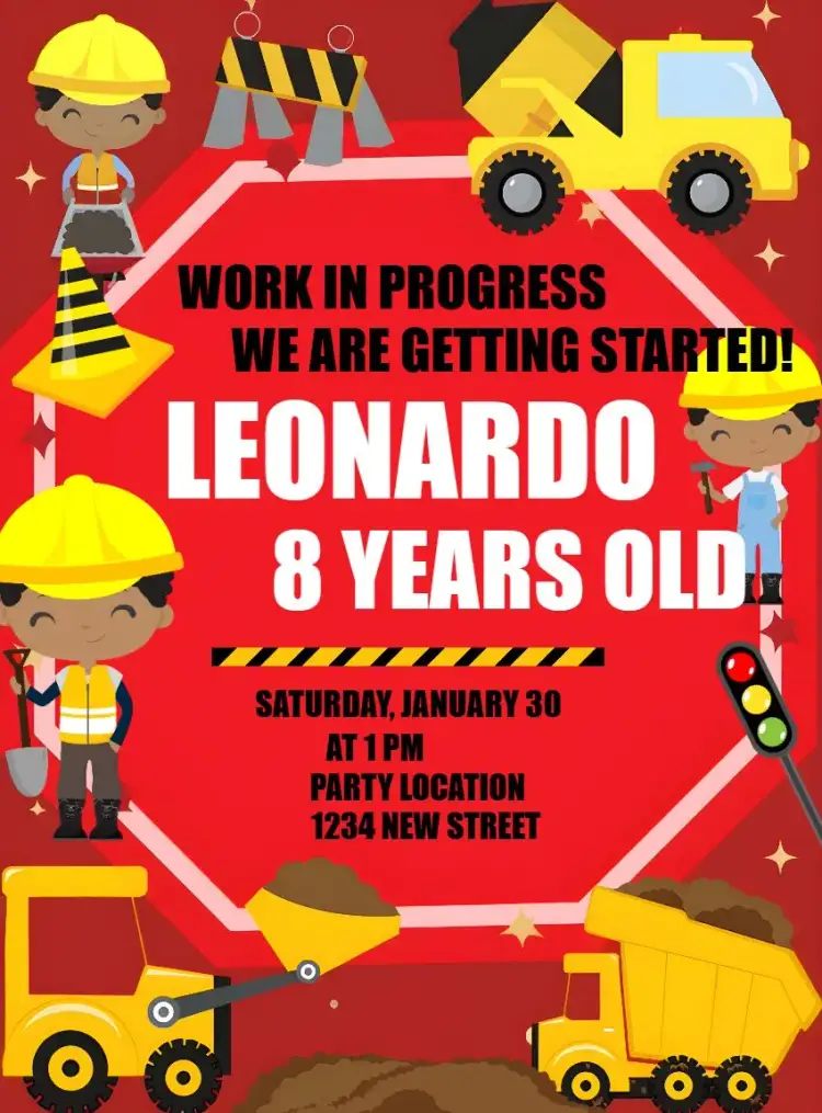 Invitation Construction Tractor – Raffle Tea theme construction, vibrant, playful, thematic, yellow, black