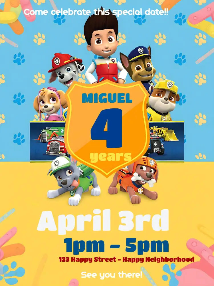 Invitation Patrol Canine Patrol – Kids' Birthday Party theme colorful, fun-filled, childish, themed, lively, playful