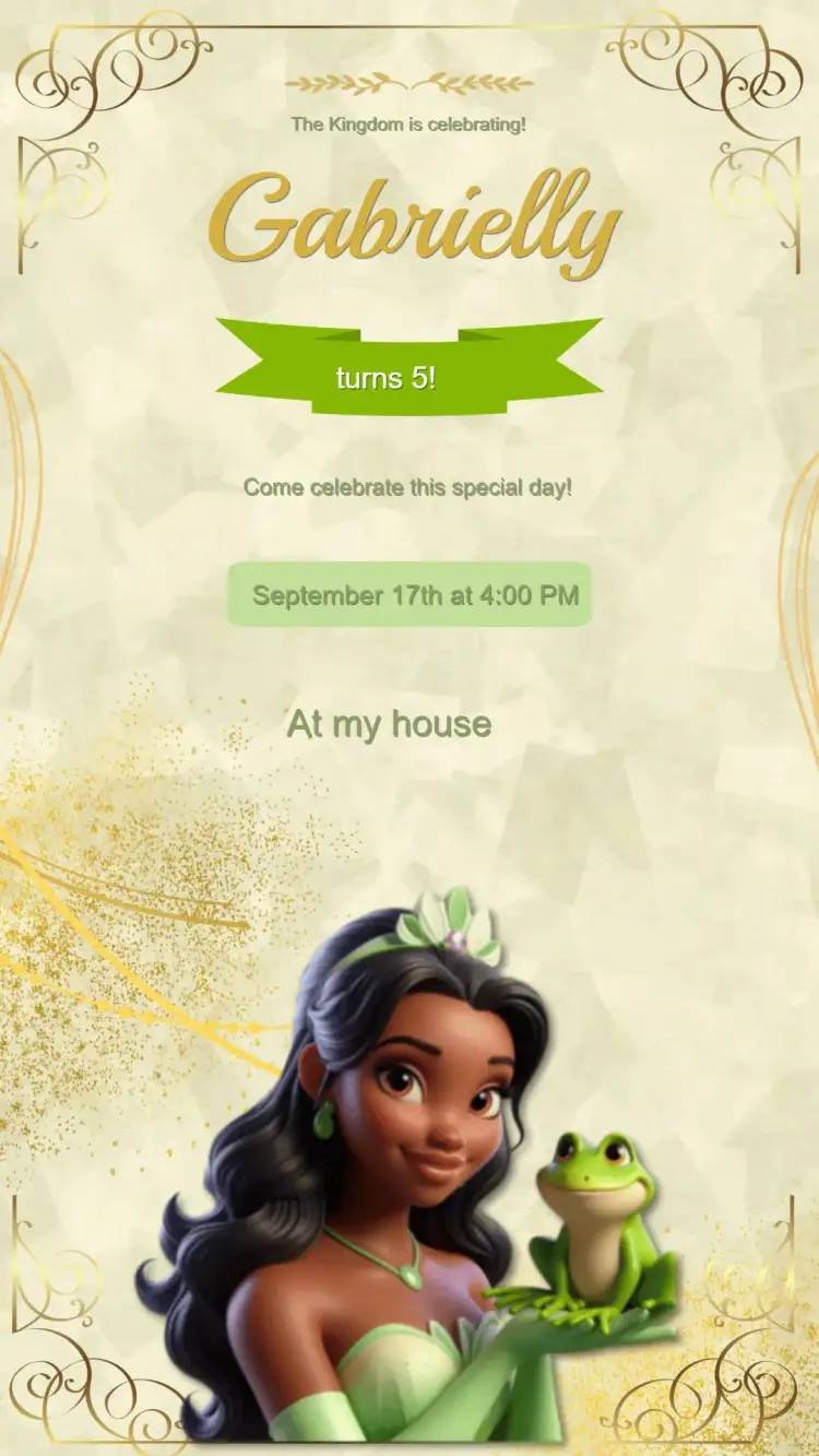 Invitation Princess Tiana Birthday Invitation – Kids' Birthday Party theme vibrant colors, fairy tale style, natural elements, playful illustrations, cheerful design, magical atmosphere