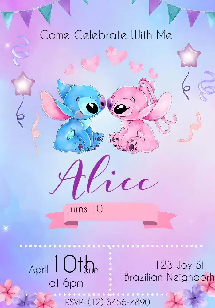 Invitation Stitch And Angel Pink – Most searched for theme lilac, pink, fun, childish, colorful, themed