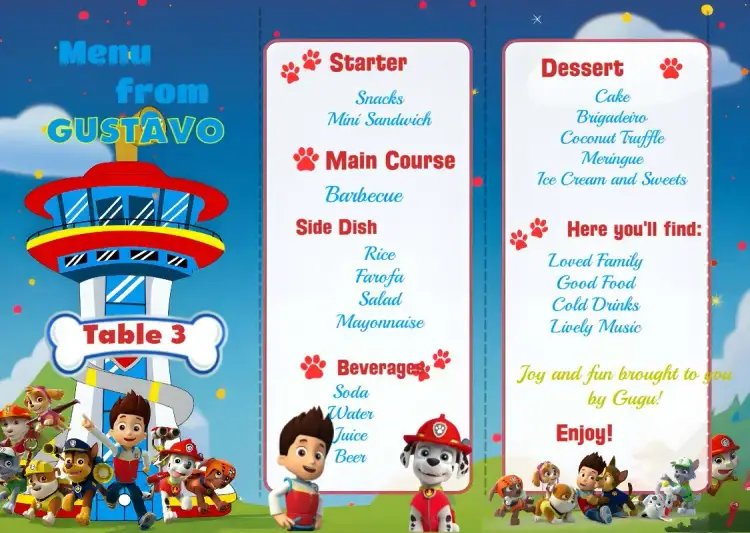 Invitation Menu Triangle Paw Patrol Chase – Kids' Birthday Party theme colorful, childish, themed, cheerful, fun