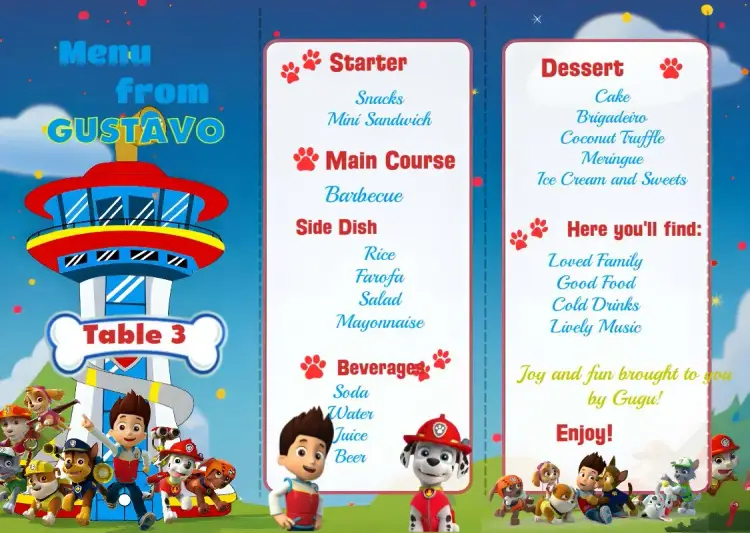 Menu Triangle Paw Patrol Chase invitation
