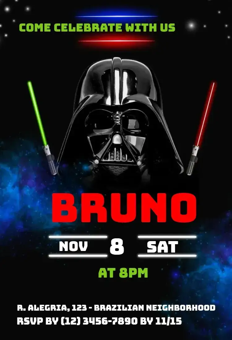 Invitation Darth Vader – Card theme Star Wars themed, galactic, futuristic, dark and red, adventure, playful