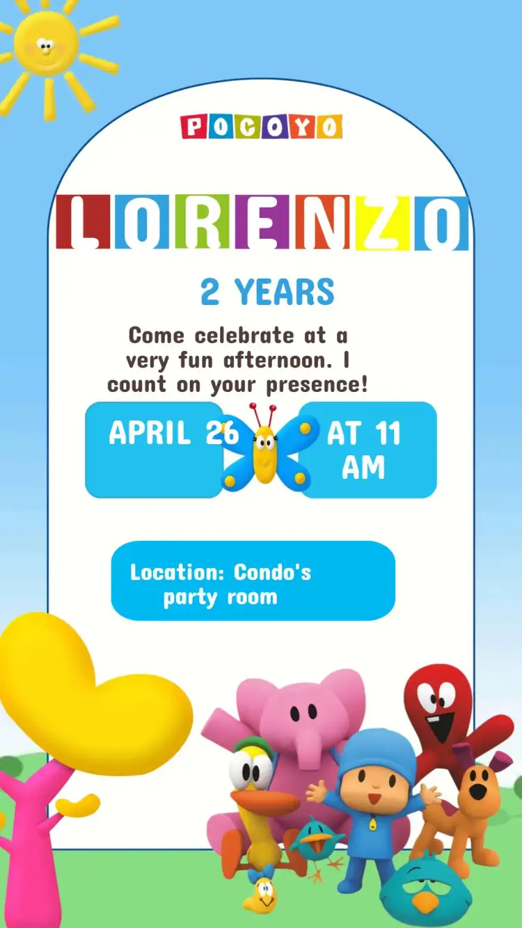 Invitation Pocoyo Birthday Invitation – Kids' Birthday Party theme colorful, fun, childish, lively, character illustrations, playful