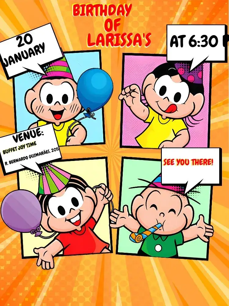 Invitation Turma Da Mônica Comics Orange – Kids' Birthday Party theme vibrant, colorful, childlike, fun-filled, comic book, themed