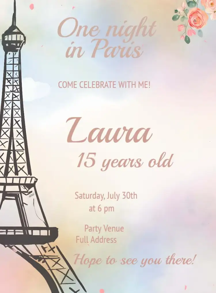 Invitation Paris Floral – Birthday theme floral, romantic, elegant, Parisian, soft, modern