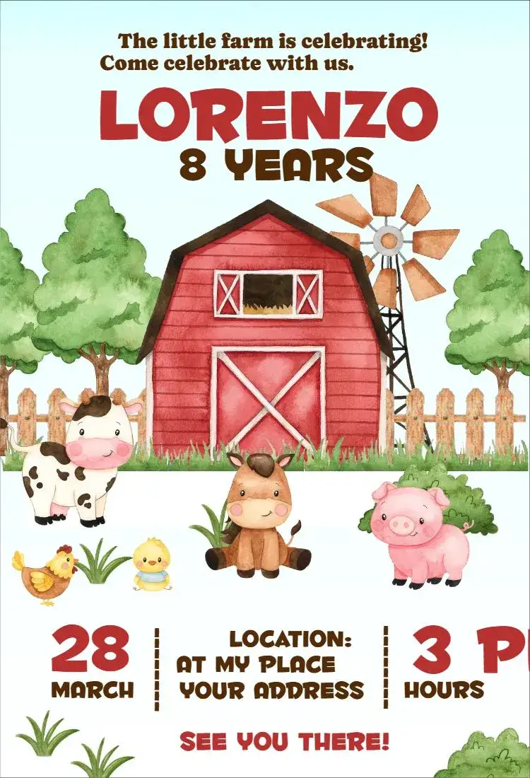 Invitation Farm 2 – Birthday theme watercolor, animals, soft colors, farm theme, playful style