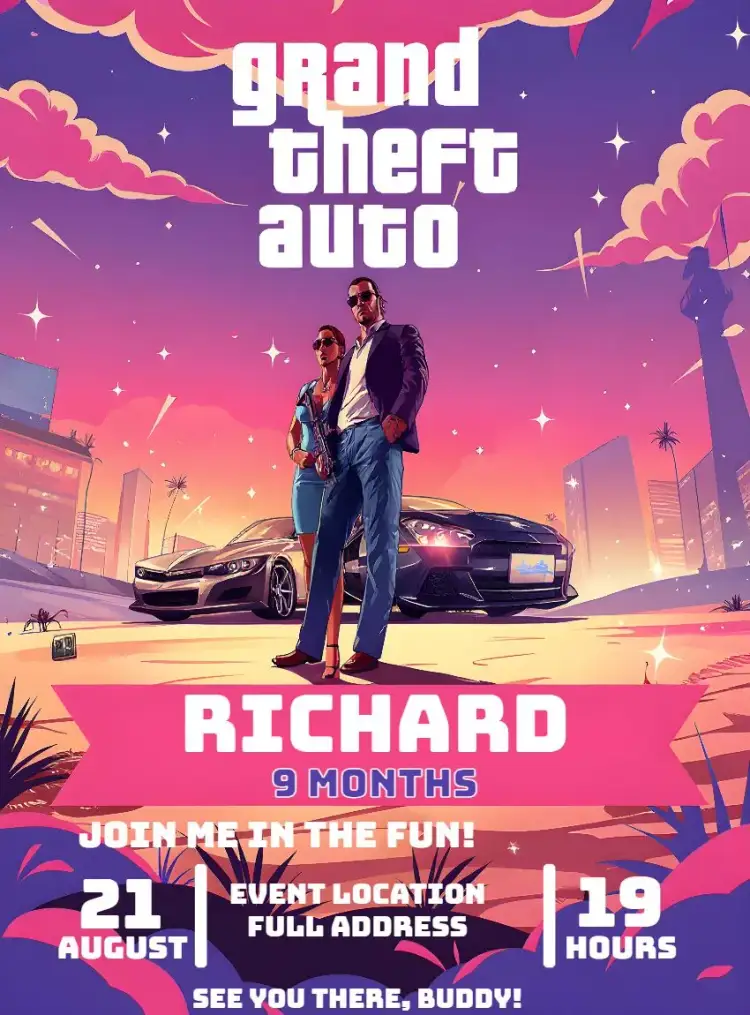 Invitation Gta Grand Theft Auto 6 Pink – Birthday theme modern, video games, colorful, fun, urban, adventure