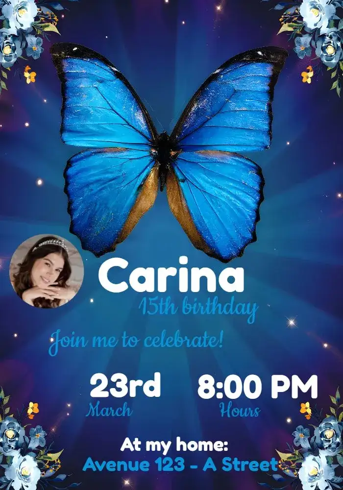 Invitation Blue Butterfly With Photo Party – Birthday theme floral, watercolor, delicate, modern, colorful, elegant