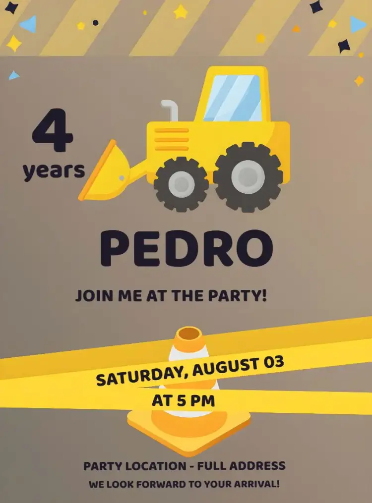 Invitation Construction Excavator Truck – Raffle Tea theme construction, kids, vibrant, fun-filled, themed, colorful
