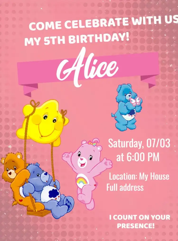 Invitation Care Bears Digital – Kids' Birthday Party theme cute, colorful, childish, fun, modern