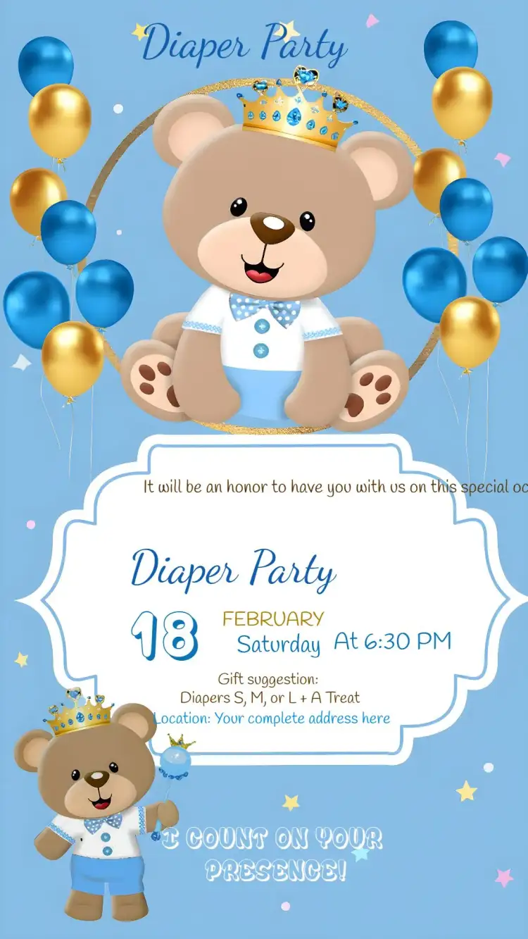 Invitation For Baby Shower Little Prince Blue Bear – Diaper Shower theme blue, golden, royalty, childish, fun, elegant