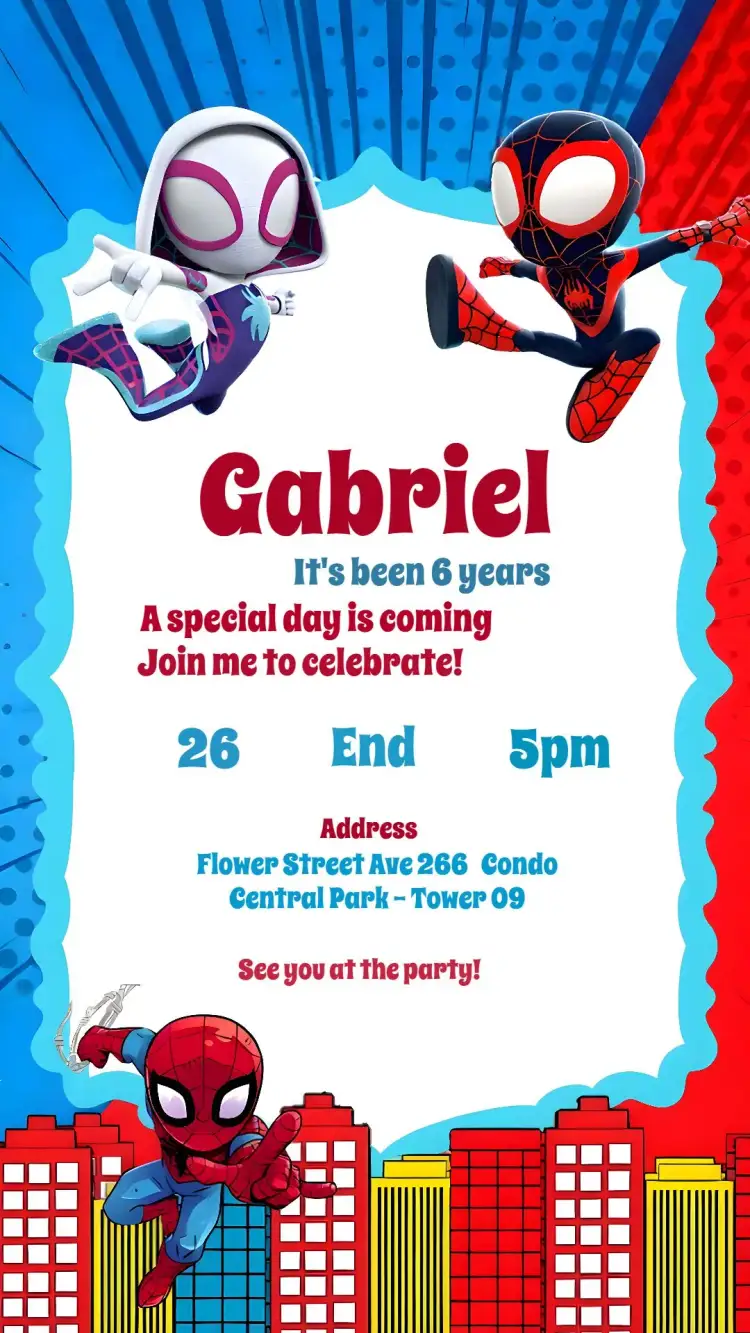 Invitation Spider-Man Spidey Friends Party – Kids' Birthday Party theme colorful, comics-themed, modern, themed, fun