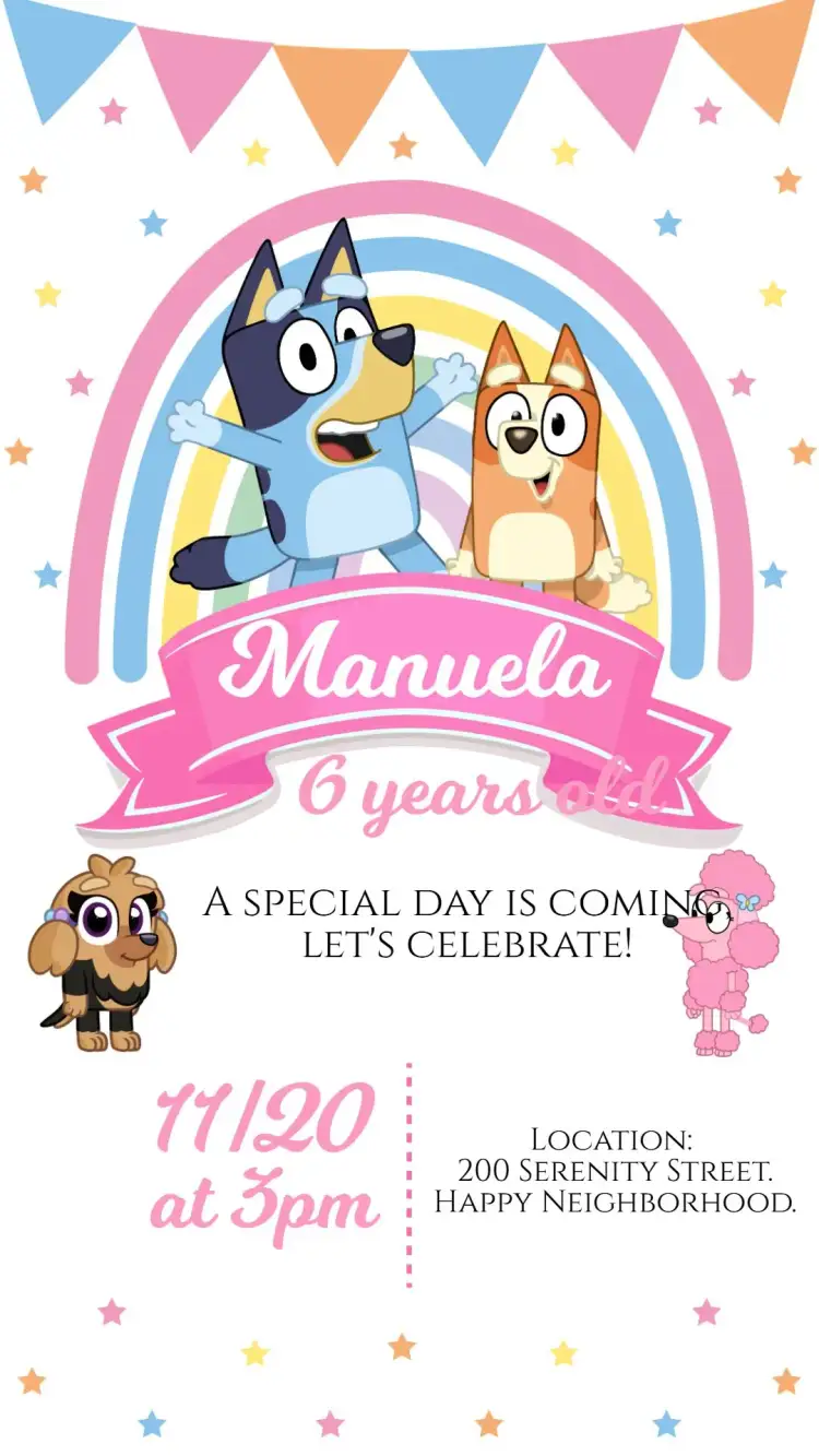 Invitation Bluey and Pink Bingo Girl – Kids' Birthday Party theme soft pink, fun, character illustrations, colorful, childlike, modern
