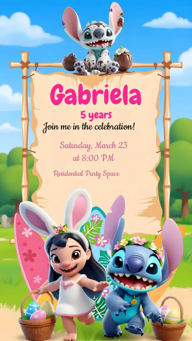 Invitation Lilo And Stitch Easter Colorful – Commemorative Dates theme colorful, fun, Disney-themed, childlike illustrations, vibrant