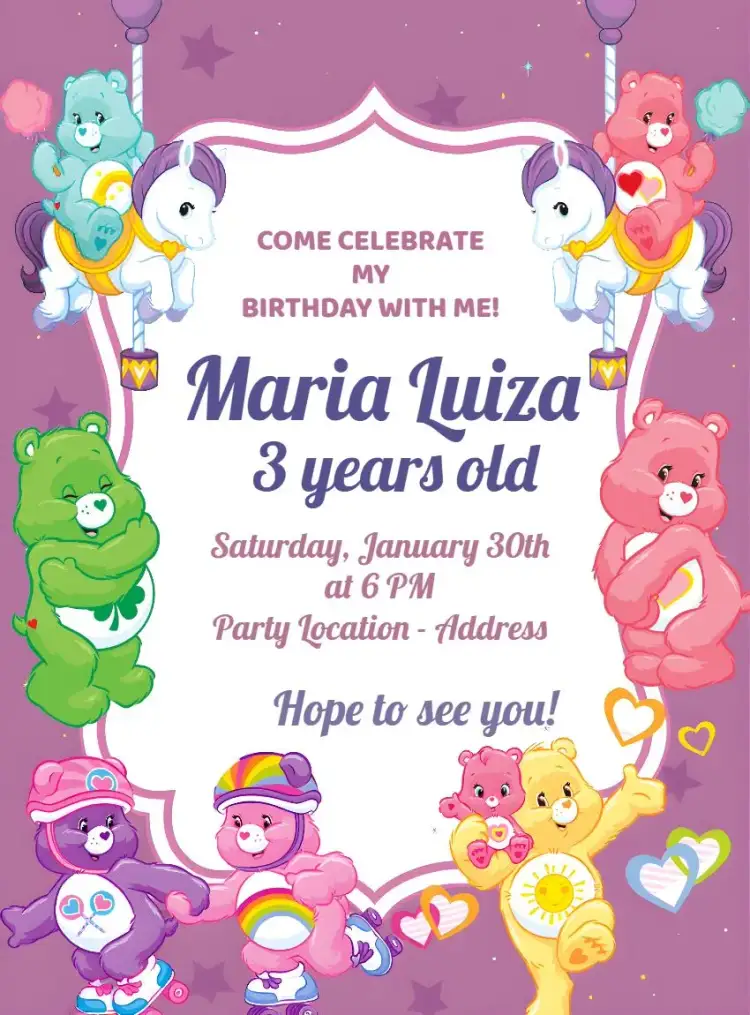 Invitation Care Bears Pink – Kids' Birthday Party theme colorful, cute, childish, animals, pink, fun