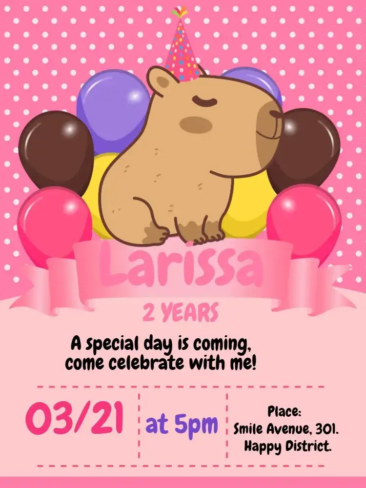 Invitation Pink Capybara Girl Capybara – Kids' Birthday Party theme pastel colors, fun illustrations, playful style, natural elements, modern design, animal theme