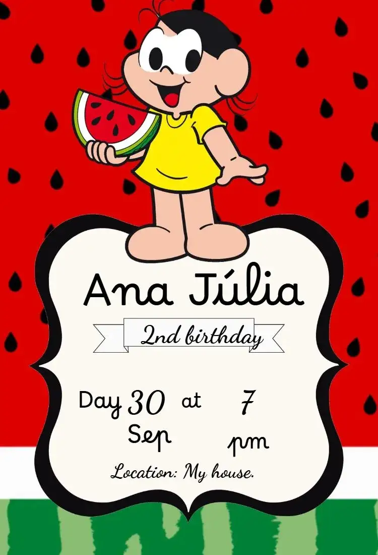 Invitation Magali Invitation – Kids' Birthday Party theme colorful, fun, childish, cheerful illustrations, character Magali, festive