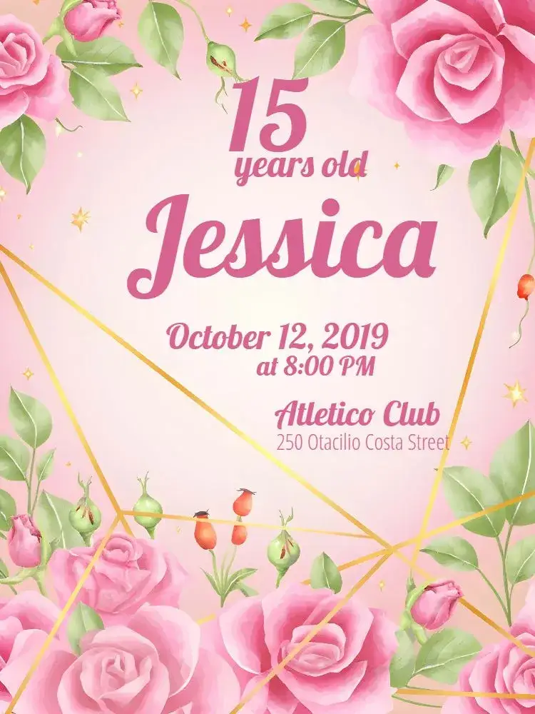 Invitation 15 Years - Pink and White Golden Floral – Sweet 15 theme floral, golden, elegant, feminine, romantic, modern