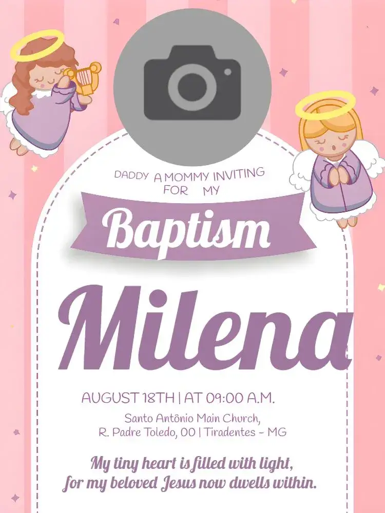 Invitation Baptism With Girl Photo – Baptism theme delicate, pink, angels, floral, modern, childish