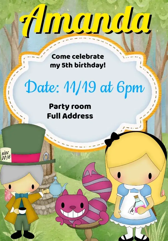 Invitation Alice In The Yellow Wonderland – Commemorative Dates theme colorful, fantasy, childlike illustrations, playful style, vintage, fun