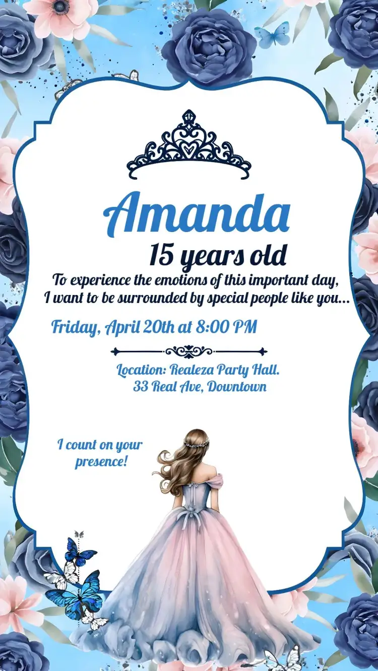 Invitation Floral Debutante 15 – Sweet 15 theme floral, elegant, modern, blue, romantic, delicate