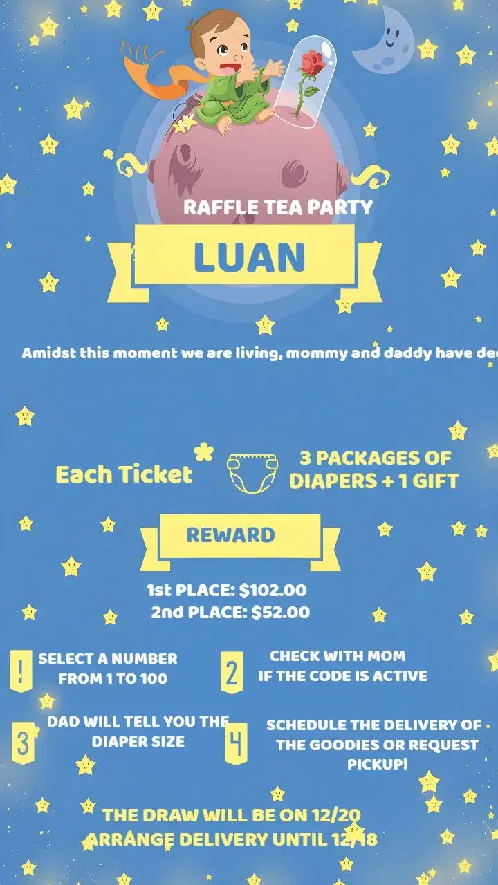 Invitation Little Prince White Tea Raffle – Raffle Tea theme white, blue, yellow, stars, moon, playful