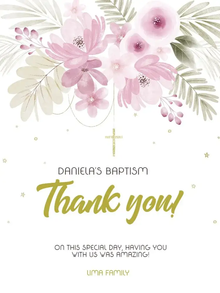 Thank You Card Baptism Pink Floral Religious Presence
