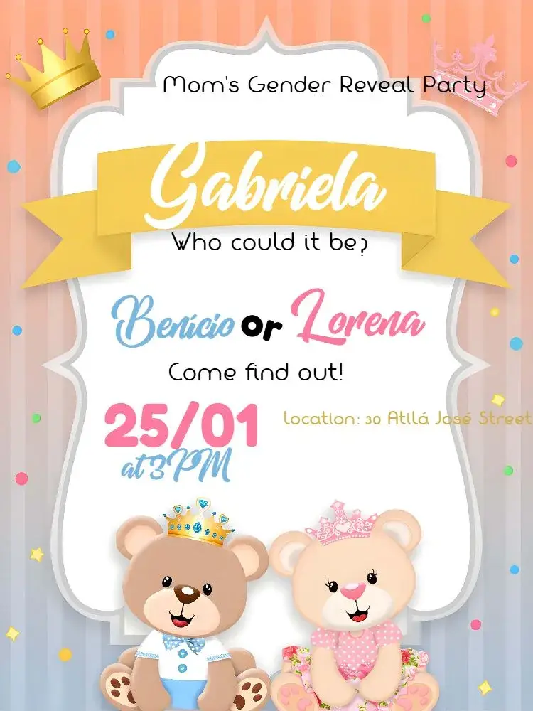 Golden Royal Teddy Bears Gender Reveal invitation