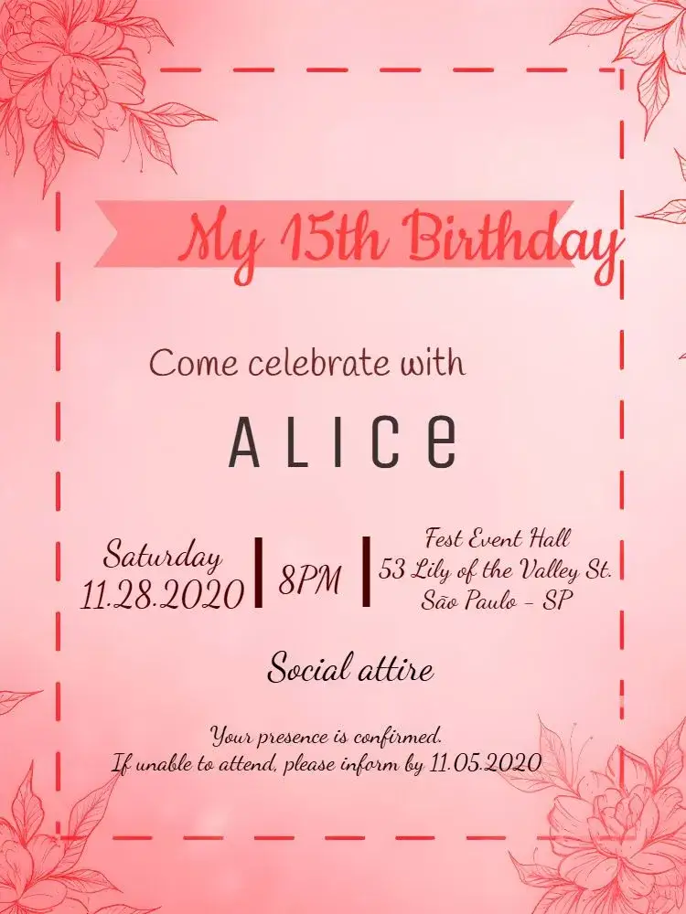 Invitation 15th Floral Girl – Sweet 15 theme floral, pink, modern, delicate, festive