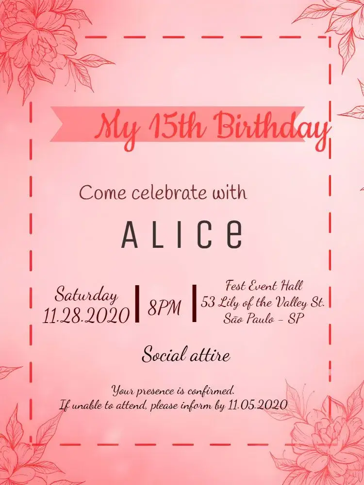 15th Floral Girl invitation