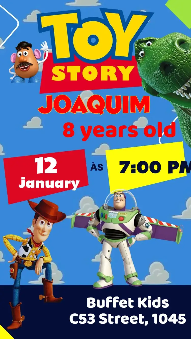Invitation Toy Story – Kids' Birthday Party theme colorful, fun, themed, childlike, lively, character illustrations