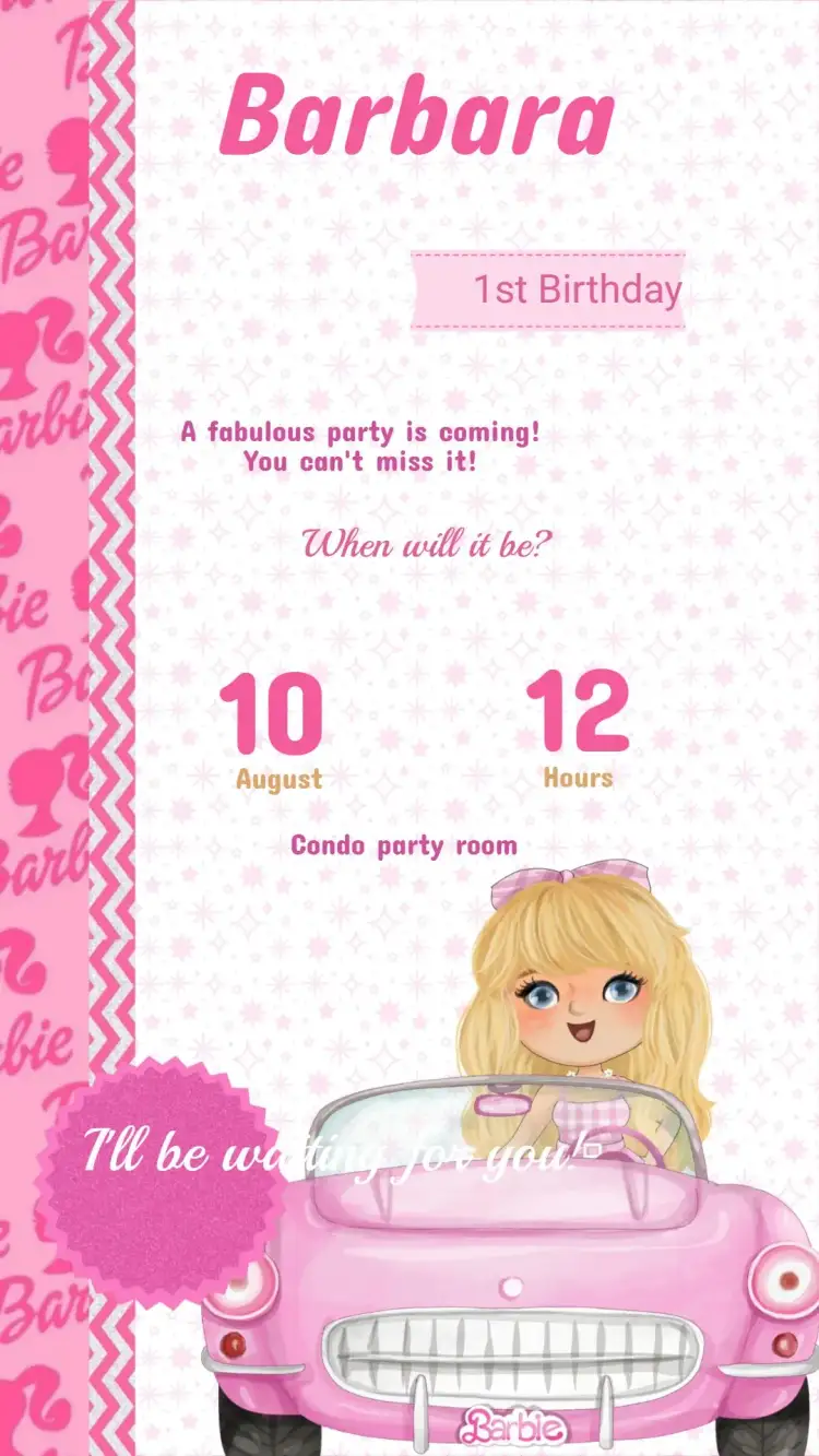 Invitation Digital Invitation Barbie Birthday – Kids' Birthday Party theme pink and lilac colors, fun style, Barbie's graphic elements, childish illustrations, touches of sparkle, modern style