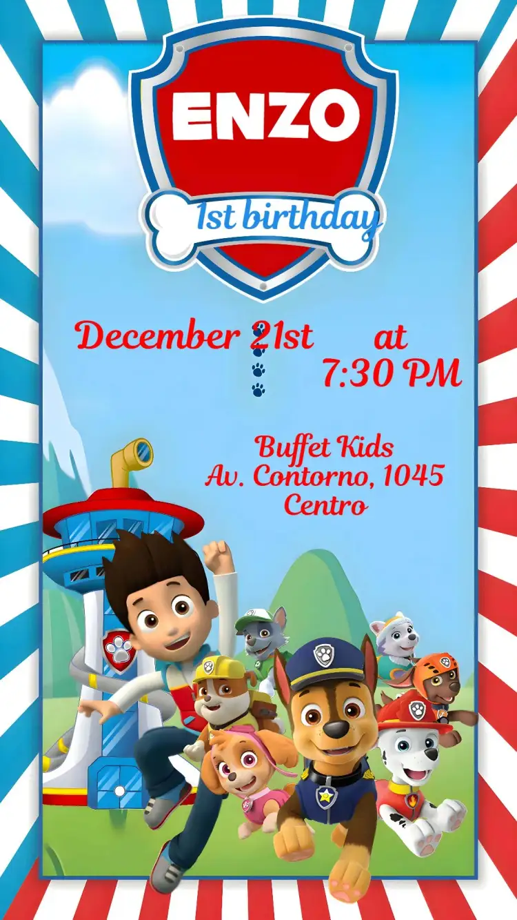 Invitation Paw Patrol – Kids' Birthday Party theme colorful, fun-filled, childlike, adventure-themed, themed, animal-themed