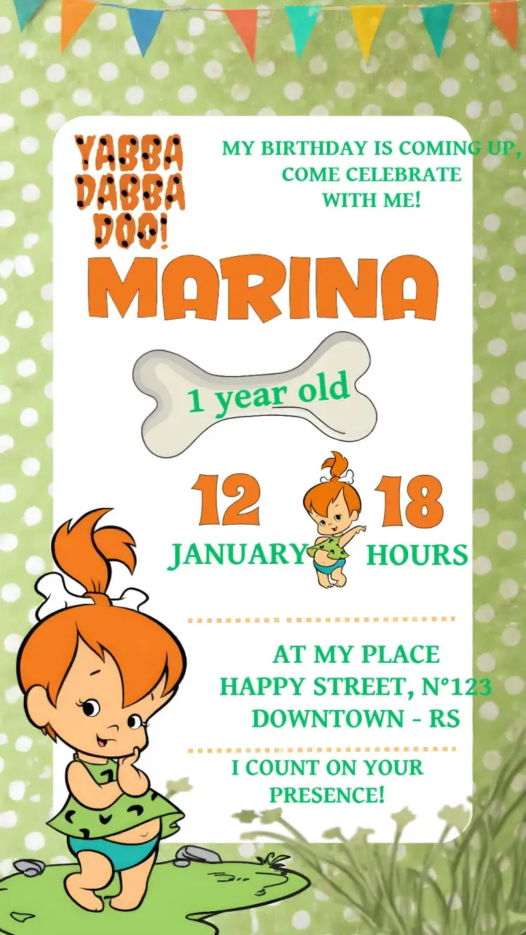 Invitation Pedrita Yaba – Kids' Birthday Party theme prehistoric, colorful, fun-filled, themed, vintage, lively