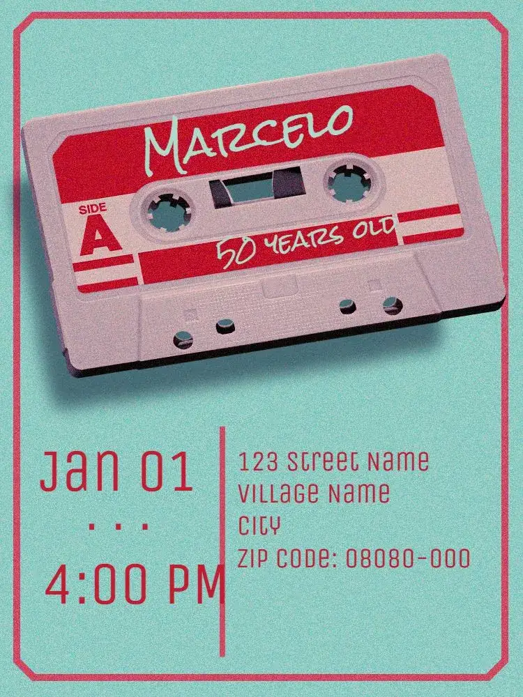 Invitation Virtual 50 Years - Old Cassette Tape – Kids' Birthday Party theme retro, vintage, colorful, nostalgic, fun, musical