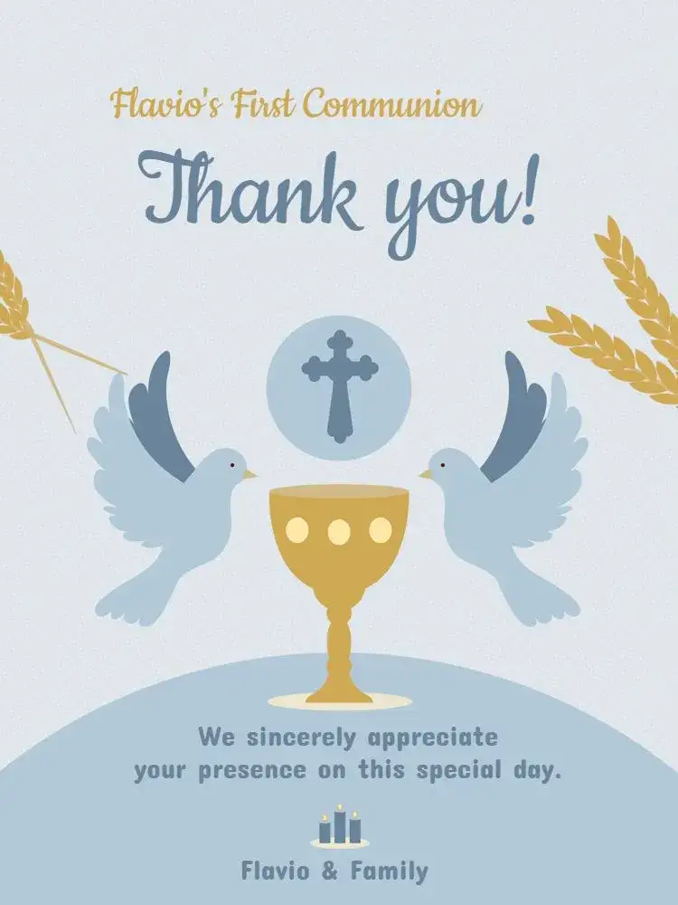 Invitation Thank You Card First Communion Blue Religious Attendance – Card theme light blue, golden, religious, elegant, minimalist