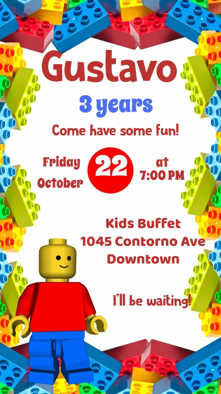 Invitation Lego – Kids' Birthday Party theme colorful, modern, fun, themed, playful, childlike