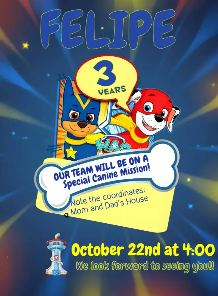 Invitation Paw Patrol – Kids' Birthday Party theme colorful, fun, themed, childlike, animals