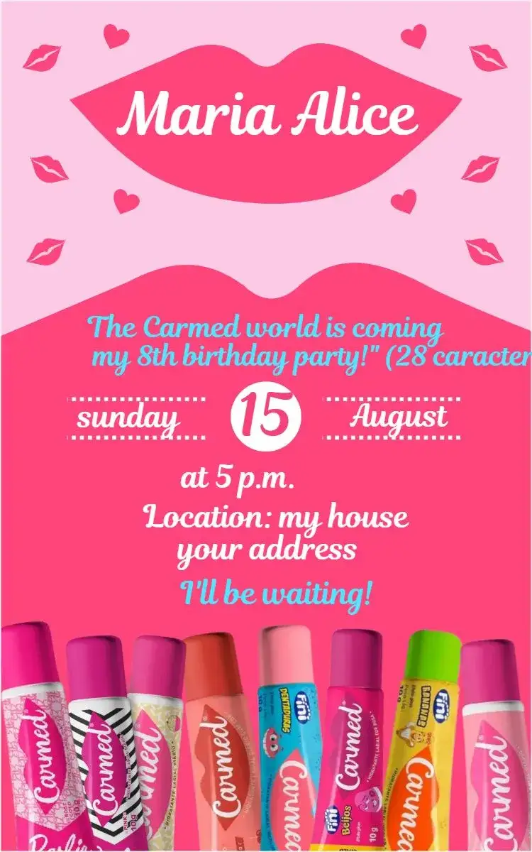 Invitation Carmed 2 – Birthday theme pink, fun, childish, playful, colorful, cheerful