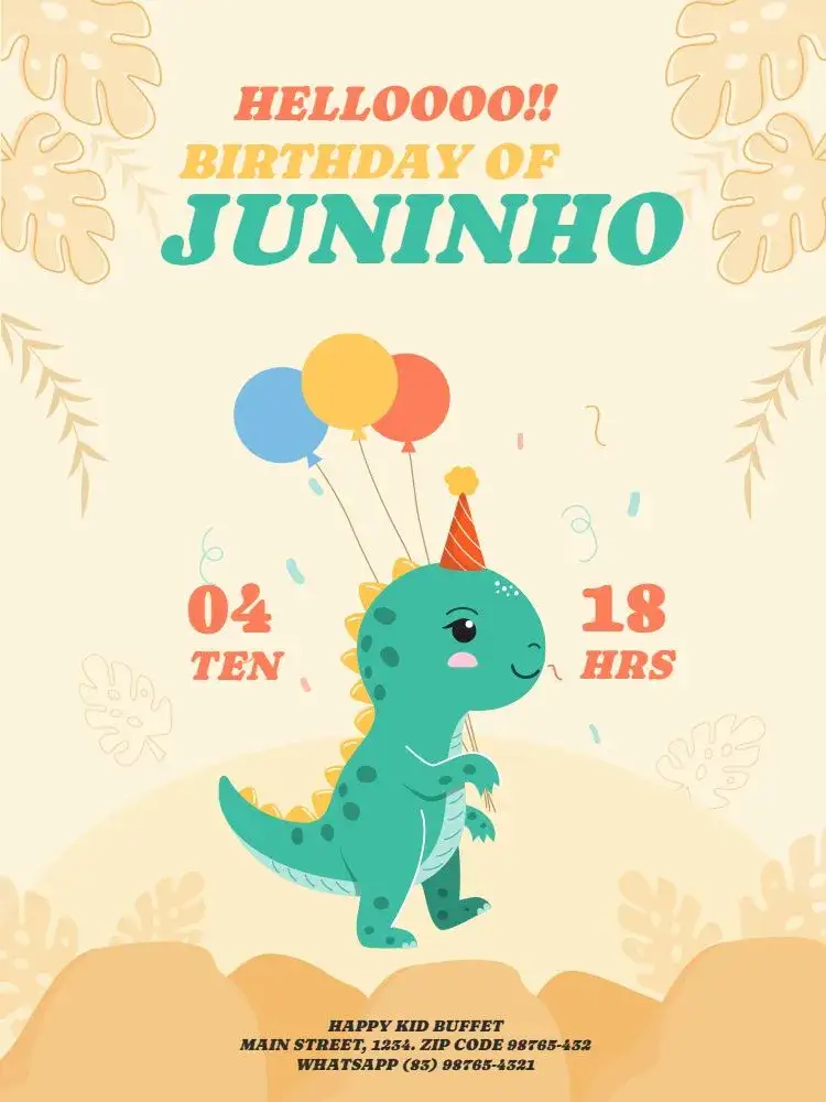 Invitation Yellow Baby Dinosaur – Kids' Birthday Party theme dinosaur, playful, floral, modern, colorful, childlike