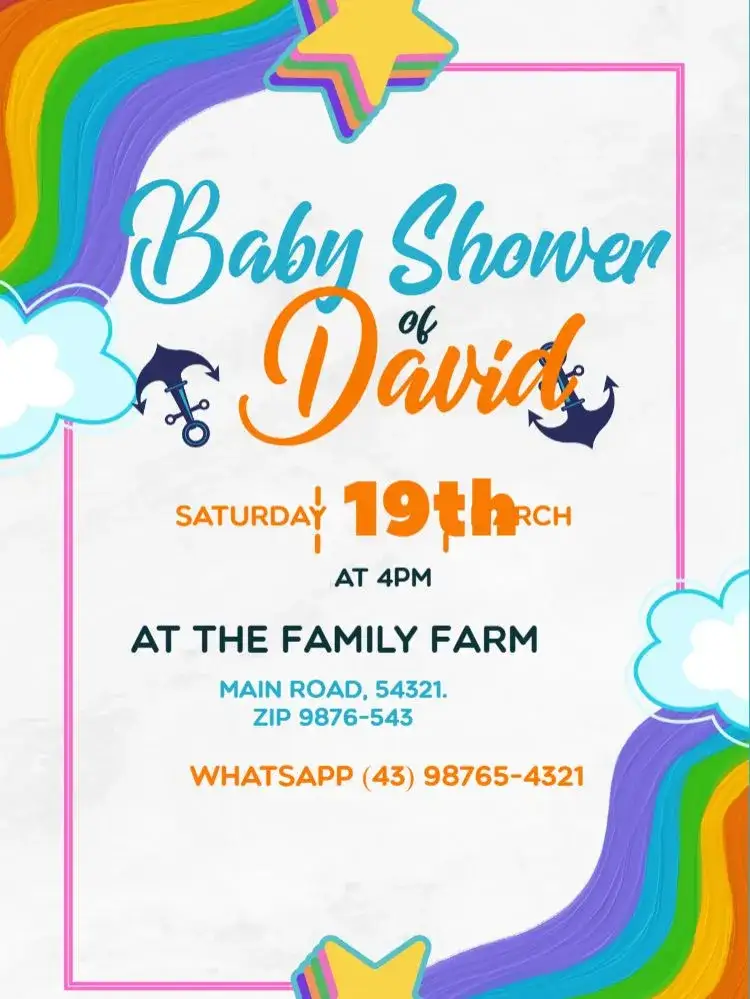 Invitation Blue Rainbow Baby Shower – Diaper Shower theme rainbow, clouds, stars, soft blue, childlike, playful