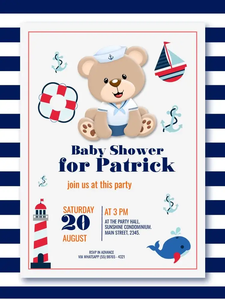 Invitation Sailor Teddy Bear Striped Baby Shower Playful – Diaper Shower theme nautical, playful, blue, striped, childlike, navy