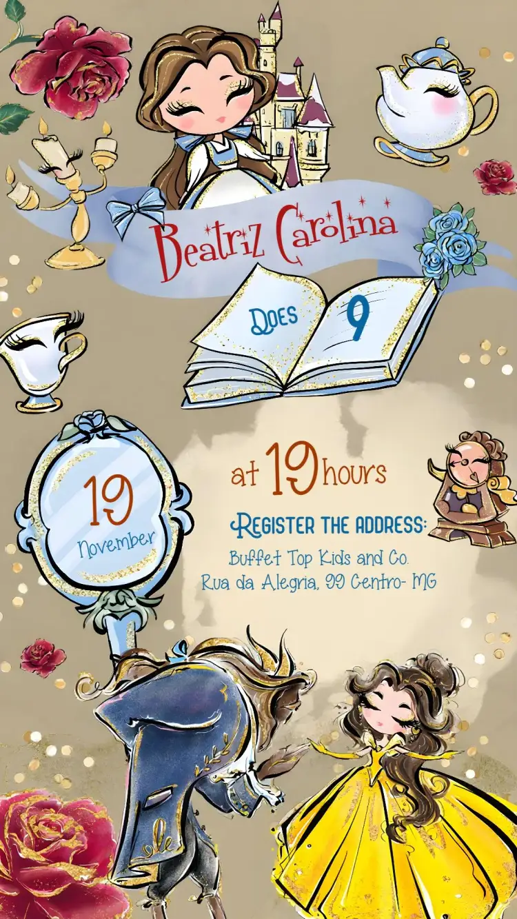 Invitation The Beauty And The Beast Watercolor – Most searched for theme watercolor, Disney, colorful, fantasy-themed, sparkle, princesses