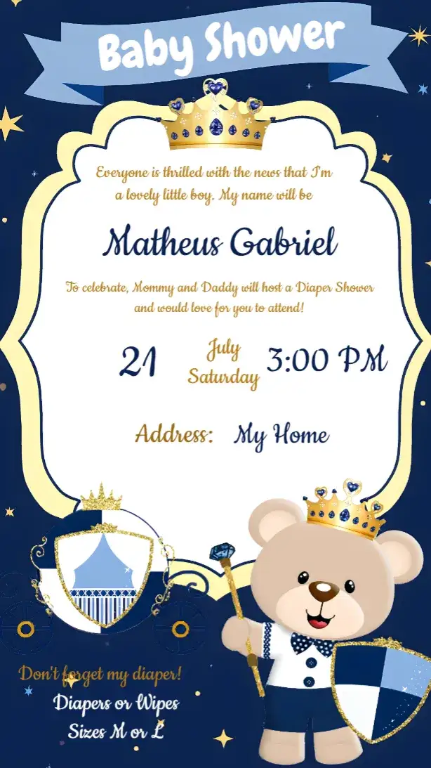 Invitation Blue Prince Teddy Bear Baby Shower – Diaper Shower theme blue, golden, royalty, childish, cute, modern