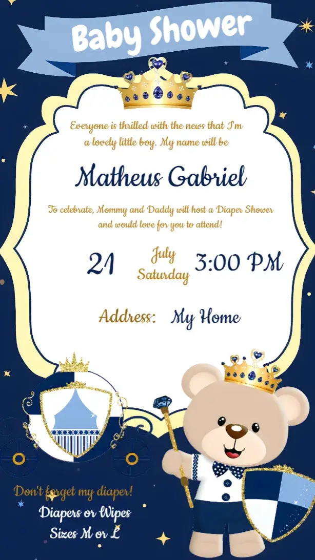 Invite Blue Prince Teddy Bear Baby Shower editable and customizable