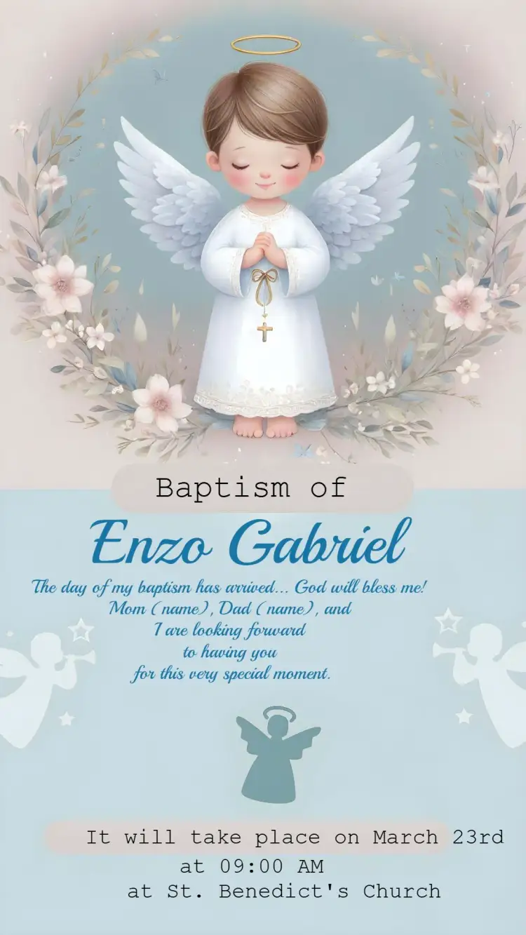 Invitation Blue Little Angel Boy Baptism – Baptism theme soft blue, little angels, delicate flowers, modern, childlike, elegant