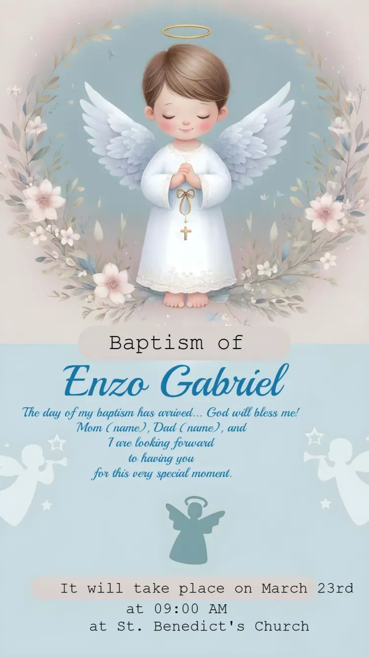 Blue Little Angel Boy Baptism invitation